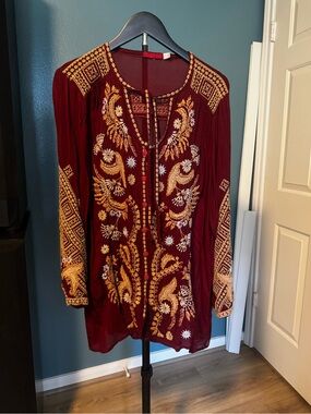 Johnny Was Burgundy Embroidered Boho Tunic with Gold Accents